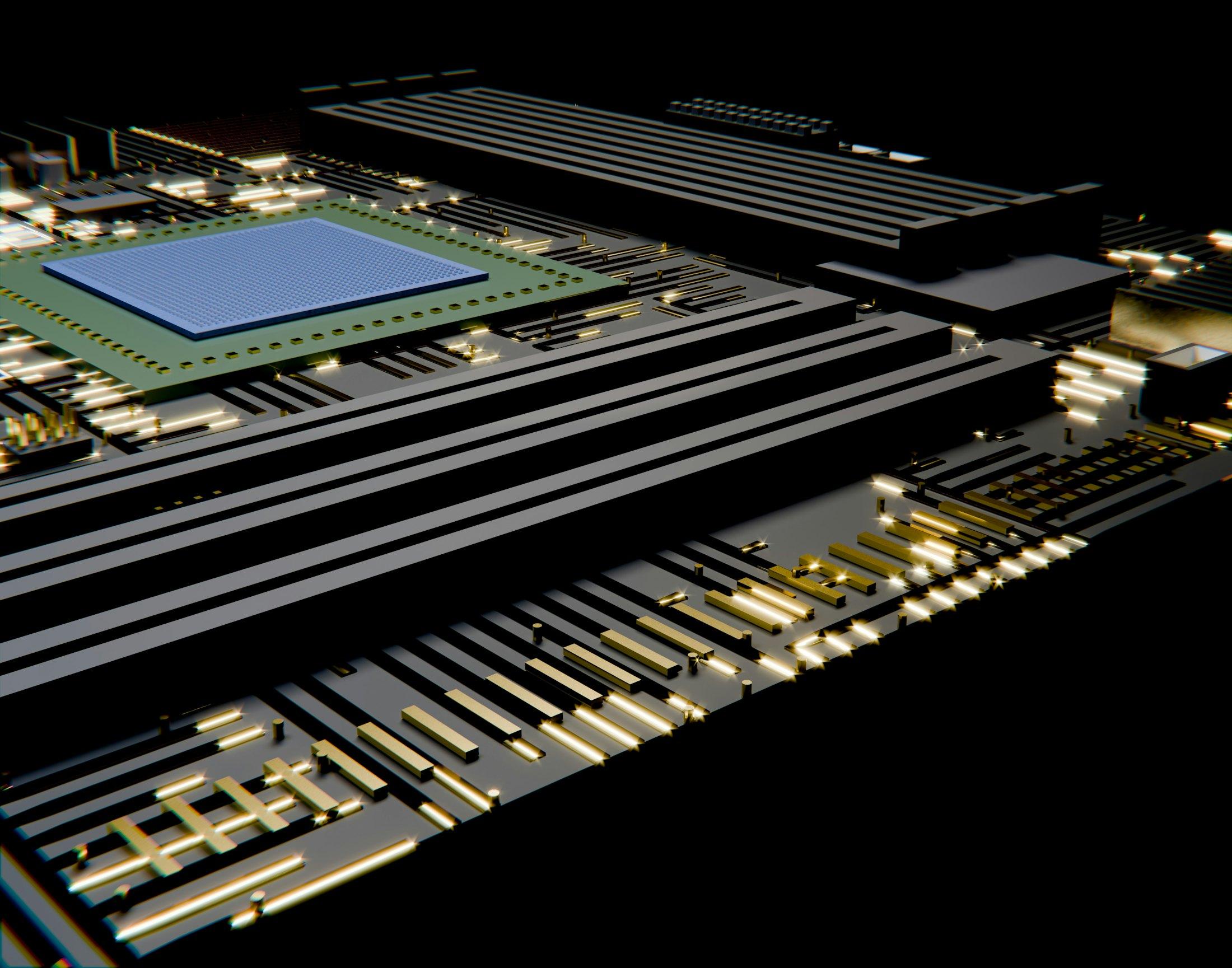 A processor seated on a dark circuit board.